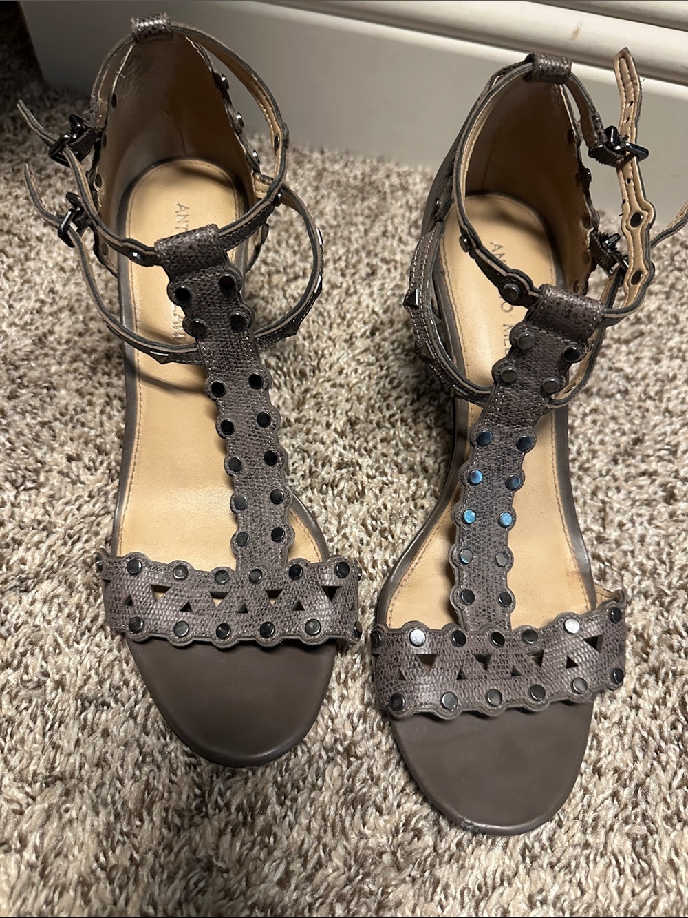 ANTONIO MELANI Brown T-Strap Studded High-Heel Sandals